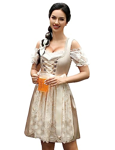 Clearlove Dirndl Damen midi 3tlg.Trachtenkleid für Oktoberfest,Karneval,DREI Teilig: Kleid, Bluse, Schürze（Verpackung MEHRWEG） Champagner38 von Clearlove