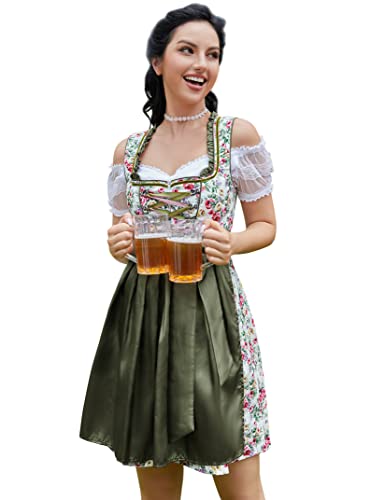 Clearlove Dirndl Damen midi 3tlg.Trachtenkleid für Oktoberfest,Karneval,DREI Teilig: Kleid, Bluse, Schürze（Verpackung MEHRWEG）,Grün Blumen,38 von Clearlove