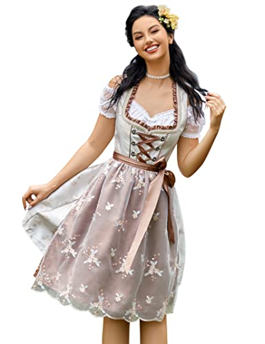 Clearlove Dirndl Damen midi 3tlg.Trachtenkleid für Oktoberfest,Karneval,DREI Teilig: Kleid, Bluse, Schürze（Verpackung MEHRWEG）,Khaki-spitze,38 von Clearlove