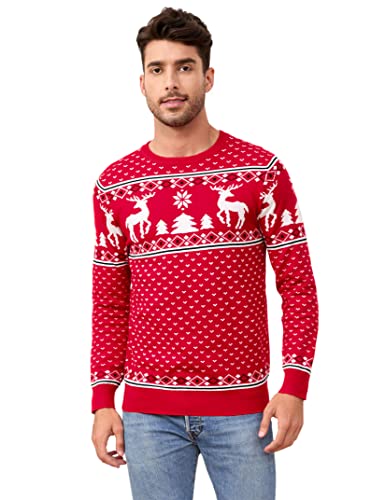 Clearlove Herren Unisex Weihnachtspullover Rot Rentiermuster Weihnachtspulli Rundhalsausschnitt Weihnachten Strickpullover Ugly Christmas Sweater Weihnachtsbaum Pullover S von Clearlove