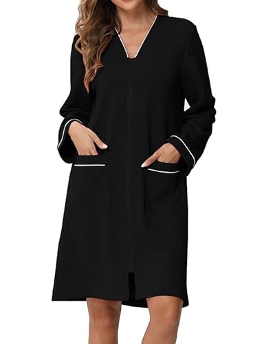 Clearlove Morgenmantel Damen Bademantel Saunamantel Modischer Reißverschluss Lange Ärmel Nachtwäsche mit Taschen Schwarz M von Clearlove