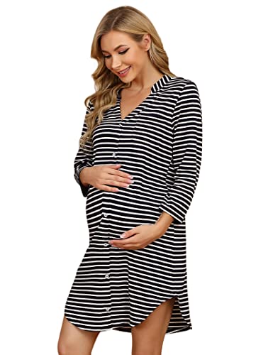 Clearlove Nachthemd Damen Geburt Stillnachthemd 3/4 Ärmel Nachtwäsche Umstandskleidung V-Ausschnitt Sleepwear Gestreift Schlafshirt mit Stillfunktion (Verpackung MEHRWEG), E-Streifen-Dunkelblau, L von Clearlove