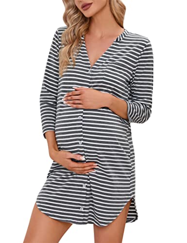 Clearlove Nachthemd Damen Geburt Stillnachthemd 3/4 Ärmel Nachtwäsche Umstandskleidung V-Ausschnitt Sleepwear Gestreift Schlafshirt mit Stillfunktion (Verpackung MEHRWEG), E-Streifen-Dunkelgrau, XXL von Clearlove