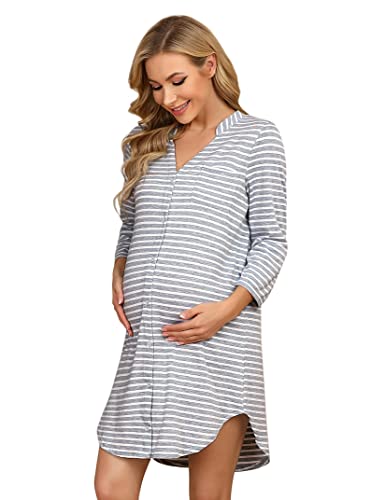 Clearlove Nachthemd Damen Geburt Stillnachthemd 3/4 Ärmel Nachtwäsche Umstandskleidung V-Ausschnitt Sleepwear Gestreift Schlafshirt mit Stillfunktion (Verpackung MEHRWEG), E-Streifen-Hellgrau, XXL von Clearlove