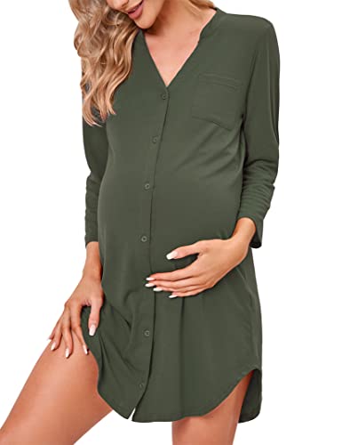 Clearlove Nachthemd Damen Geburt Stillnachthemd 3/4 Ärmel Nachtwäsche Umstandskleidung V-Ausschnitt Sleepwear Gestreift Schlafshirt mit Stillfunktion (Verpackung MEHRWEG), F-Armeegrün, L von Clearlove