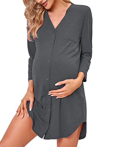 Clearlove Nachthemd Damen Geburt Stillnachthemd 3/4 Ärmel Nachtwäsche Umstandskleidung V-Ausschnitt Sleepwear Gestreift Schlafshirt mit Stillfunktion (Verpackung MEHRWEG), F-Grau, L von Clearlove