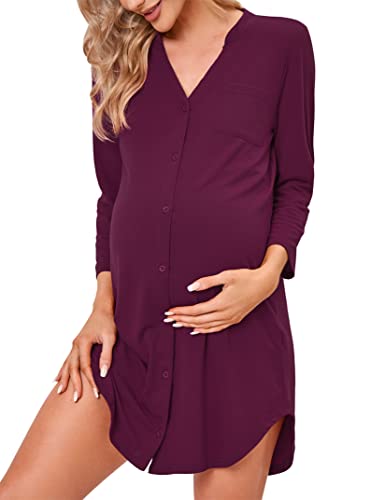 Clearlove Nachthemd Damen Geburt Stillnachthemd 3/4 Ärmel Nachtwäsche Umstandskleidung V-Ausschnitt Sleepwear Gestreift Schlafshirt mit Stillfunktion (Verpackung MEHRWEG), F-Lila, XXL von Clearlove