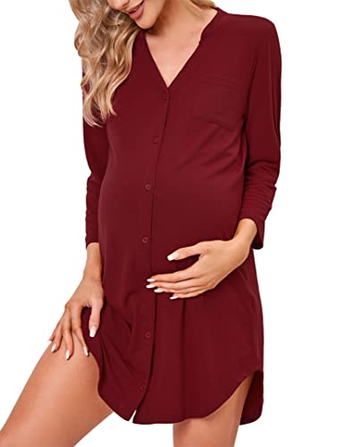 Clearlove Nachthemd Damen Geburt Stillnachthemd 3/4 Ärmel Nachtwäsche Umstandskleidung V-Ausschnitt Sleepwear Gestreift Schlafshirt mit Stillfunktion (Verpackung MEHRWEG), F-Weinrot, L von Clearlove