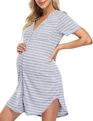 Clearlove Nachthemd Damen Geburt Stillnachthemd Kurzarm Nachtwäsche Umstandskleidung V-Ausschnitt Sleepwear Gestreift Schlafshirt mit Stillfunktion (Verpackung MEHRWEG), A-Streifen-Hellgrau, S von Clearlove