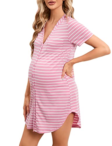 Clearlove Nachthemd Damen Geburt Stillnachthemd Kurzarm Nachtwäsche Umstandskleidung V-Ausschnitt Sleepwear Gestreift Schlafshirt mit Stillfunktion (Verpackung MEHRWEG), A-Streifen-Rosa, XXL von Clearlove