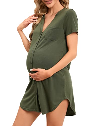 Clearlove Nachthemd Damen Geburt Stillnachthemd Kurzarm Nachtwäsche Umstandskleidung V-Ausschnitt Sleepwear Gestreift Schlafshirt mit Stillfunktion (Verpackung MEHRWEG), B-Armeegrün, L von Clearlove