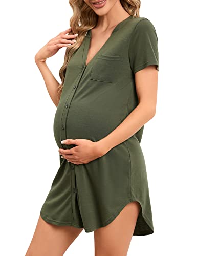 Clearlove Nachthemd Damen Geburt Stillnachthemd Kurzarm Nachtwäsche Umstandskleidung V-Ausschnitt Sleepwear Gestreift Schlafshirt mit Stillfunktion (Verpackung MEHRWEG), B-Armeegrün, S von Clearlove
