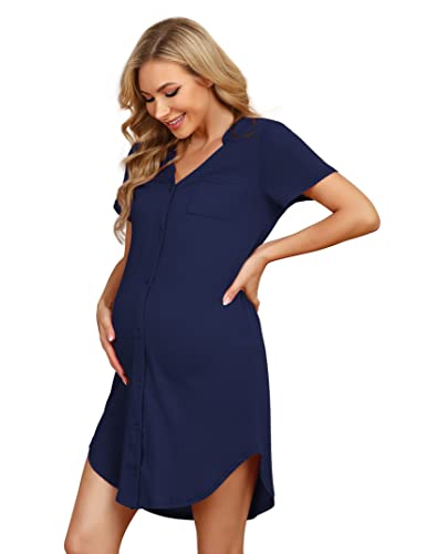 Clearlove Nachthemd Damen Geburt Stillnachthemd Kurzarm Nachtwäsche Umstandskleidung V-Ausschnitt Sleepwear Gestreift Schlafshirt mit Stillfunktion (Verpackung MEHRWEG), B-Dunkelblau, L von Clearlove