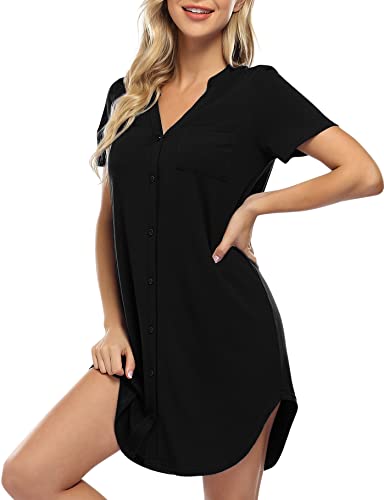 Clearlove Nachthemd Damen Geburt Stillnachthemd Kurzarm Nachtwäsche Umstandskleidung V-Ausschnitt Sleepwear Gestreift Schlafshirt mit Stillfunktion (Verpackung MEHRWEG), B-Schwarz, M von Clearlove