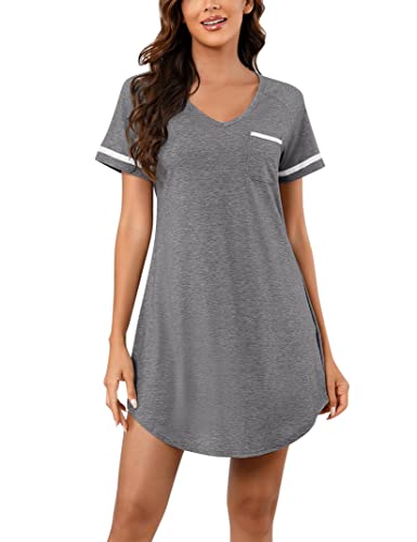 Clearlove Nachthemd Damen Kurzarm Baumwolle Nachtwäsche für Damen V Ausschnitt Schlafshirt Lang T-Shirt Sleepshirt Frauen Negligees Dunkelgrau L von Clearlove