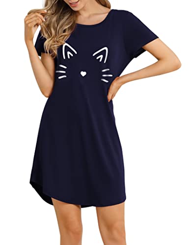 Clearlove Nachthemd Damen Kurzarm Baumwolle Schlafshirt Sommer Sleepshirt Frauen Nachtwäsche Nachtkleid(Navy Blau,XXL) von Clearlove