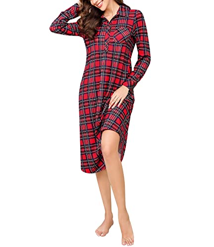Clearlove Nachthemd Damen Langarm Karierte Umlegekragen Sleepshirt Warm mit Knöpfen Nachtwäsche Lang Schlafshirt Winter Rot XL von Clearlove