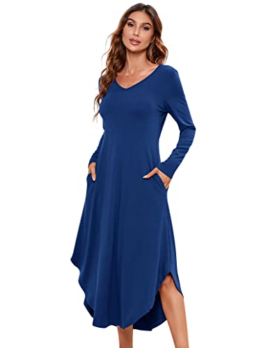 Clearlove Nachthemd Damen Langarm Nachtwäsche mit V-Ausschnitt Lange Freizeitkleid Schlafshirt Sleepwear mit Taschen (Verpackung MEHRWEG), B-Blau, XL von Clearlove