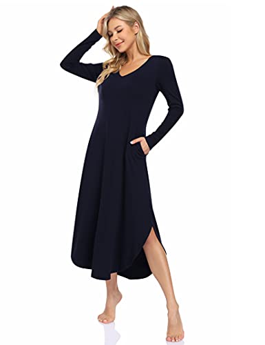 Clearlove Nachthemd Damen Langarm Nachtwäsche mit V-Ausschnitt Lange Freizeitkleid Schlafshirt Sleepwear mit Taschen (Verpackung MEHRWEG), B-Dunkelblau, M von Clearlove