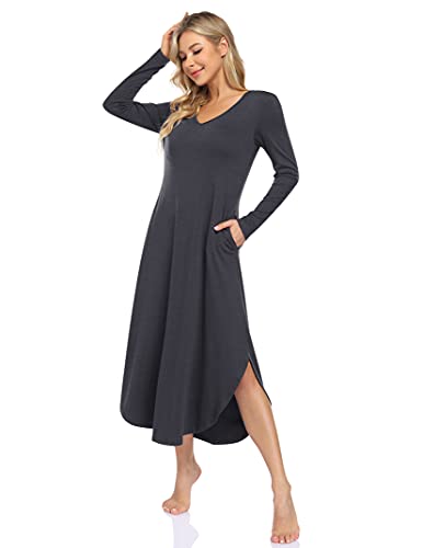 Clearlove Nachthemd Damen Langarm Nachtwäsche mit V-Ausschnitt Lange Freizeitkleid Schlafshirt Sleepwear mit Taschen (Verpackung MEHRWEG), B-Dunkelgrau, XL von Clearlove