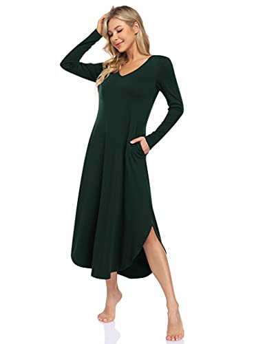 Clearlove Nachthemd Damen Langarm Nachtwäsche mit V-Ausschnitt Lange Freizeitkleid Schlafshirt Sleepwear mit Taschen (Verpackung MEHRWEG), B-Dunkelgrün, L von Clearlove