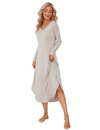 Clearlove Nachthemd Damen Langarm Nachtwäsche mit V-Ausschnitt Lange Freizeitkleid Schlafshirt Sleepwear mit Taschen (Verpackung MEHRWEG), B-Hellgrau, L von Clearlove