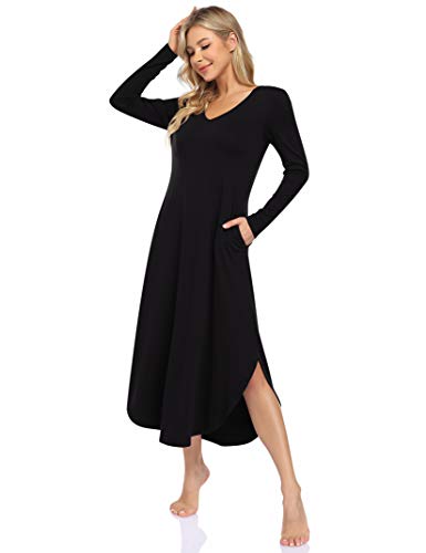 Clearlove Nachthemd Damen Langarm Nachtwäsche mit V-Ausschnitt Lange Freizeitkleid Schlafshirt Sleepwear mit Taschen (Verpackung MEHRWEG), B-Schwarz, XL von Clearlove