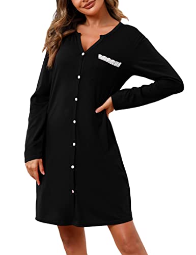 Clearlove Nachthemd Damen Langarm Schlafshirt Schlafhemd Negligee Frauen Einfarbig Nachtwäsche Nachtkleid Schlafkleid Loungewear Sleepwear mit Knöpfen Schwarz M von Clearlove