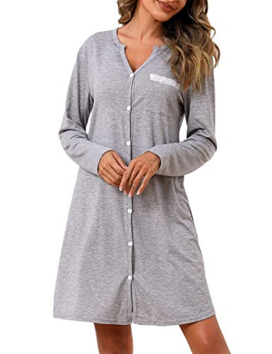 Clearlove Nachthemd Damen Langarm Schlafshirt Schlafhemd Negligee Frauen Einfarbig Nachtwäsche Nachtkleid Schlafkleid Loungewear mit Knöpfen Grau XXL von Clearlove