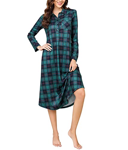 Clearlove Nachthemd Damen Langarm Warm Karierte Schlafshirt Lang mit Knopfleiste Umlegekragen Sleepshirt Nachtkleid Winter Grün XL von Clearlove