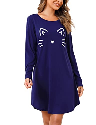 Clearlove Nachthemd Damen Rundhals Langarm Sleepshirt Print Nachtwäsche Nachtkleid Knielang Schlafhemd Navy Blau Locker Schlafkleid Loungewear M von Clearlove