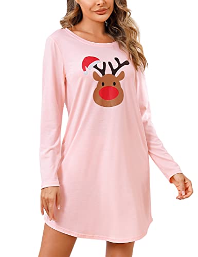 Clearlove Nachthemd Damen Rundhals Langarm Sleepshirt Weihnachten Rentiermuster Print Nachtwäsche Nachtkleid Knielang Schlafhemd Rosa Locker Schlafkleid Loungewear M von Clearlove