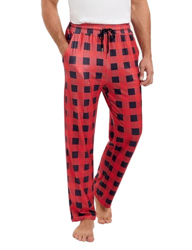 Clearlove Pyjamhose Herren Lang Karierte Hose Schlafanzughose Rot Schlafhose Freizeithose für Herren Tunnelzug Bund Pyjamaunterteil Sleepwear Taschen mit L von Clearlove