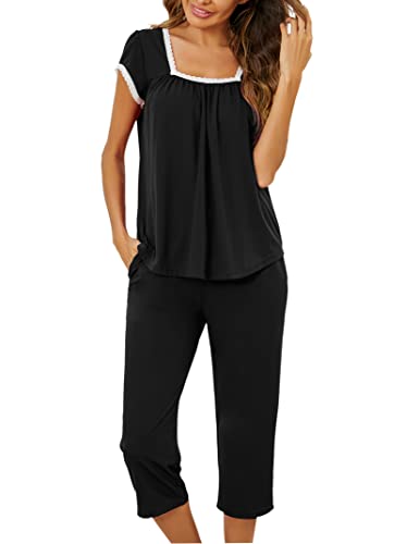 Clearlove Schlafanzug Damen Kurzarm-Top und 3/4 Lange Hose Button Down Spitze Pyjamas Zweiteiliger (Schwarz, S) von Clearlove