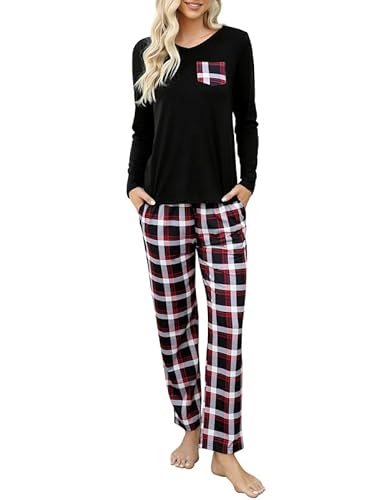 Clearlove Schlafanzug Damen Lang Pyjamas Set Langarm Nachtwäsche Top und Pyjamahose Zweiteiliger Rundhals Sleepwear Winter Hausanzug Mit Taschen(Schwarze weiße Gitter,S) von Clearlove