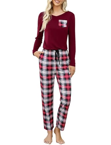 Clearlove Schlafanzug Damen Lang Pyjamas Set Langarm Nachtwäsche Top und Pyjamahose Zweiteiliger Rundhals Sleepwear Winter Hausanzug Mit Taschen(Weinrot,S) von Clearlove