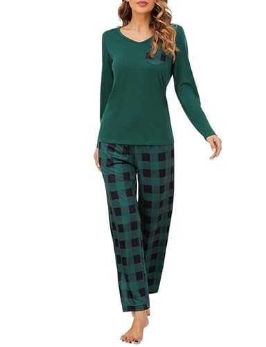Clearlove Schlafanzug Damen Lang Winter Pyjama Langarm Pyjamaset Rundhals Nachtwäsche Zweiteiliger Hausanzug Sleepwear Pyjamahose und Top(Grün,M) von Clearlove