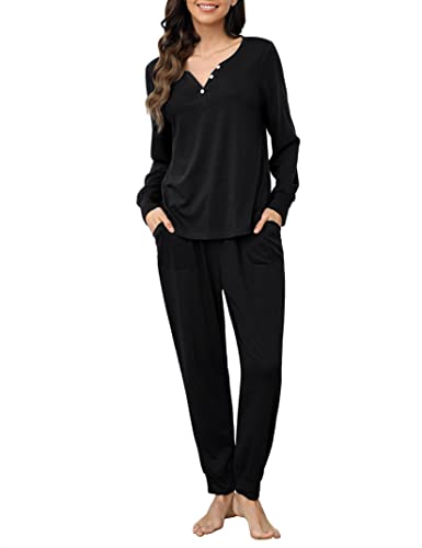 Clearlove Schlafanzug Damen Lang Zweiteiliger Nachtwäsche Langarm Pyjama Set Frauen Hausanzug Loungewear mit Taschen A-Schwarz L von Clearlove