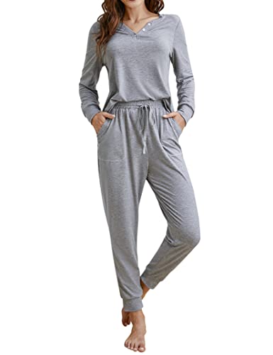 Clearlove Schlafanzug Damen Lang Zweiteiliger Nachtwäsche Langarm Pyjama Set Frauen Hausanzug Loungewear mit Taschen Grau XL von Clearlove