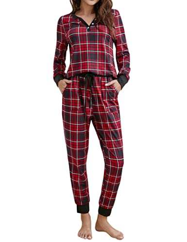 Clearlove Schlafanzug Damen Lang Zweiteiliger Nachtwäsche Langarm Pyjama Set Frauen Hausanzug Loungewear mit Taschen Rot S von Clearlove