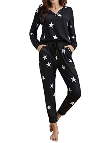 Clearlove Schlafanzug Damen Lang Zweiteiliger Nachtwäsche Langarm Pyjama Set Frauen Hausanzug Loungewear mit Taschen Schwarz L von Clearlove