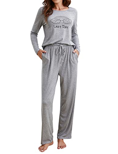 Clearlove Schlafanzug Damen Langarm Pyjama Set Lang Hausanzug Zweiteiliger Weich Lounge Nachtwäsche Grau L von Clearlove