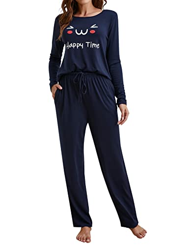 Clearlove Schlafanzug Damen Langarm Pyjama Set Lang Hausanzug Zweiteiliger Weich Lounge Nachtwäsche Navy Blau L von Clearlove