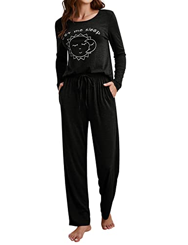 Clearlove Schlafanzug Damen Langarm Pyjama Set Lang Hausanzug Zweiteiliger Weich Lounge Nachtwäsche Schwarz M von Clearlove