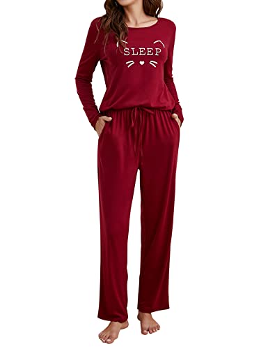 Clearlove Schlafanzug Damen Langarm Pyjama Set Lang Hausanzug Zweiteiliger Weich Lounge Nachtwäsche Weinrot XL von Clearlove