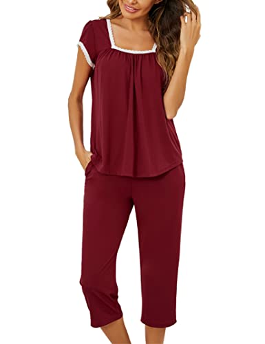 Clearlove Schlafanzug Damen Nachtwäsche Spitze Pyjama Set Top und 3/4 Lange Schlafhose Zweiteiliger Kurzarm Hausanzug Set (Weinrot, M) von Clearlove