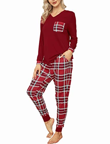 Clearlove Schlafanzug Damen Zweiteiliger Langarm V-Ausschnitt Frauen Pyjama Set Nachtwäsche Hausanzug Loungewear mit Taschen Rot XXL von Clearlove
