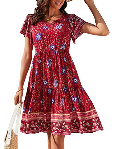 Clearlove Sommerkleid Damen Kurzarm Boho Strandkleid Knielang Tunika V-Ausschnitt Blumendruck Boho Kleid Sommer Casual Midikleid Rot L von Clearlove