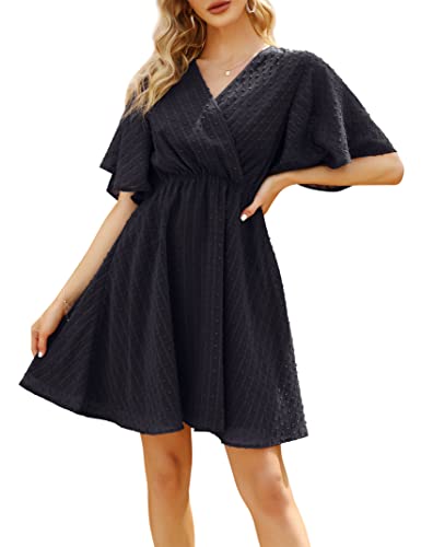Clearlove Sommerkleid Damen Kurzarm Chiffon Kleid V-Ausschnitt Minikleider Schweizer Punkte Tunika Kleider Lagenlook Freizeitkleid Partykleid Strandkleid (Schwarz, M) von Clearlove