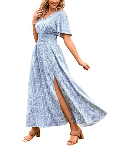 Clearlove Damen Kleider Lang Kurzarm A Linie Schlitz Kleid Elegant V Ausschnitt Maxikleider mit Leopardenmuster Sommerkleid Strandkleid Blau L von Clearlove